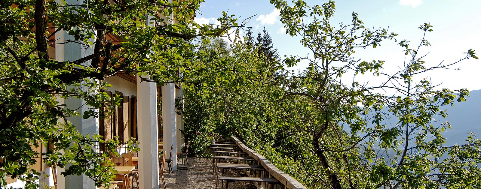 the terrace of Hotel Briol in Barbiano in summer